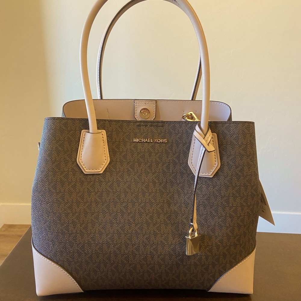 Michael Kors Mercer Gallery Small Signature Logo Satchel - brown/soft pink